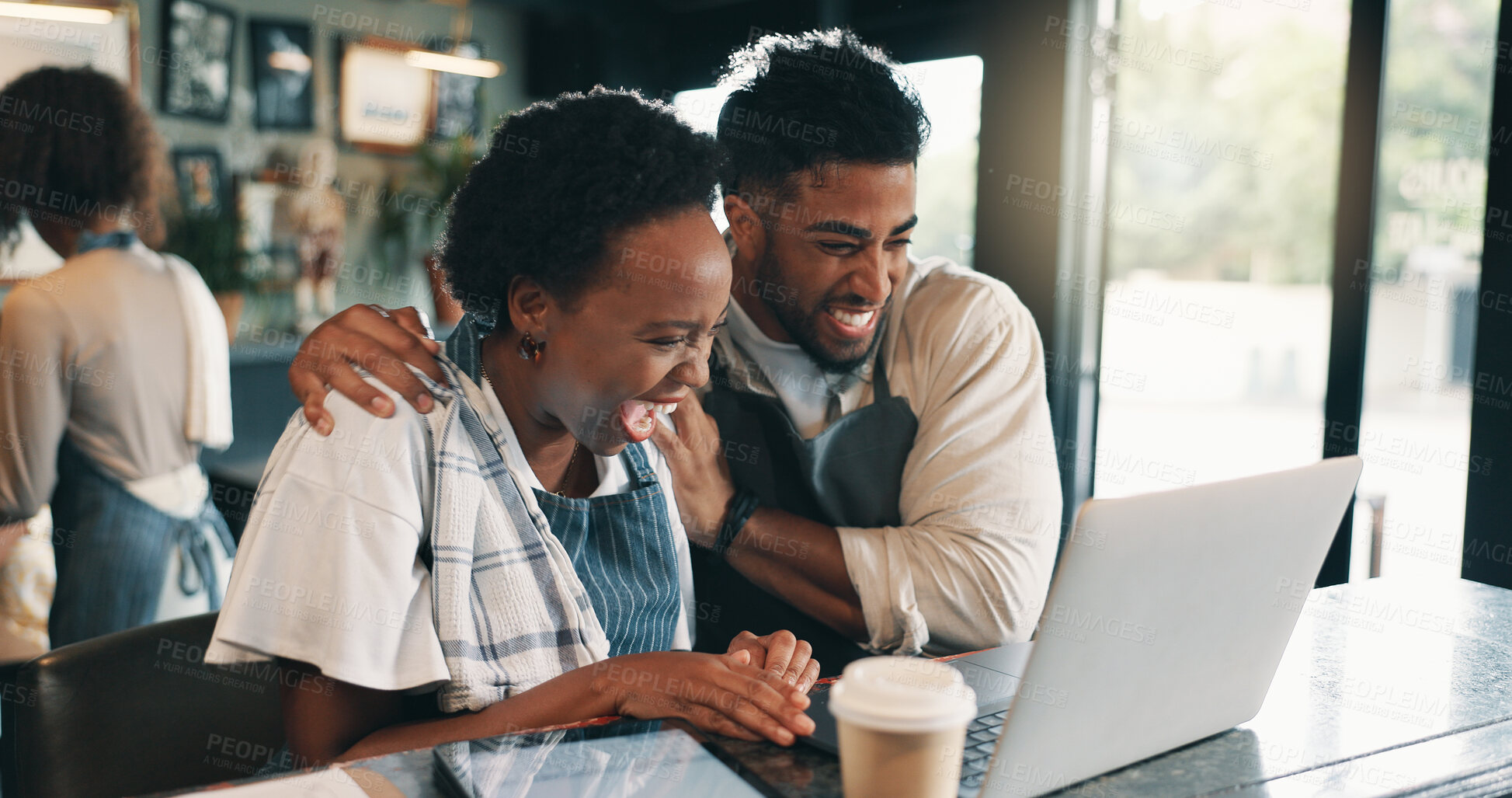 Buy stock photo Laptop, team and winner with people in cafe for product inventory, supplier deal and budget profit. Menu discounts, reputation rating and small business owner with employee in coffee shop for success
