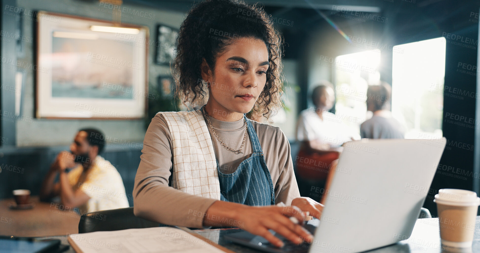 Buy stock photo Laptop, typing and planning with woman in cafe for product inventory, supplier contact and budget report. Menu discounts, reputation rating and small business owner with employee in coffee shop