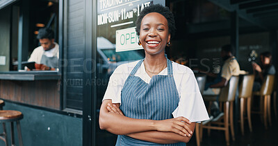Buy stock photo Portrait, cafe and woman with arms crossed, confidence and waitress with ride, friendly service and food chain. Face, people and employee with apron, skills and hospitality with welcome and happiness