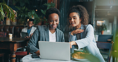 Buy stock photo Teamwork, laptop and business people in restaurant, women and planning for startup. Coworking, cooperation and fashion designers in cafe, pc and research for material, fabrics and review for profit