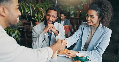 Buy stock photo Partnership, handshake and business people in cafe, agreement and b2b deal with contract. Employees, consultant or client in coffee shop, thank you or loan approval with support or startup investment