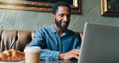 Buy stock photo Coffee shop, remote work and business black man on laptop for online planning, writing proposal and research. Professional, restaurant and person on computer for website, project review and internet