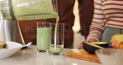 Buy stock photo Home, people and healthy green juice in blender for digestive health, protein shake supplement and breakfast. Closeup, wellness and organic beverage for weight loss, immunity and natural antioxidants
