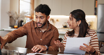 Buy stock photo Couple, documents and stress for budget in home with financial review, account mistake and asset management. People, planning and disagreement for bankruptcy challenge, expenses receipt and mortgage