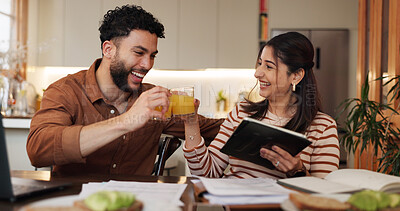 Buy stock photo Couple, paperwork and toast to success in home, loan application and celebrate mortgage approval. Happy people, juice cheers and together for taxes income, review finance and love for savings bonus