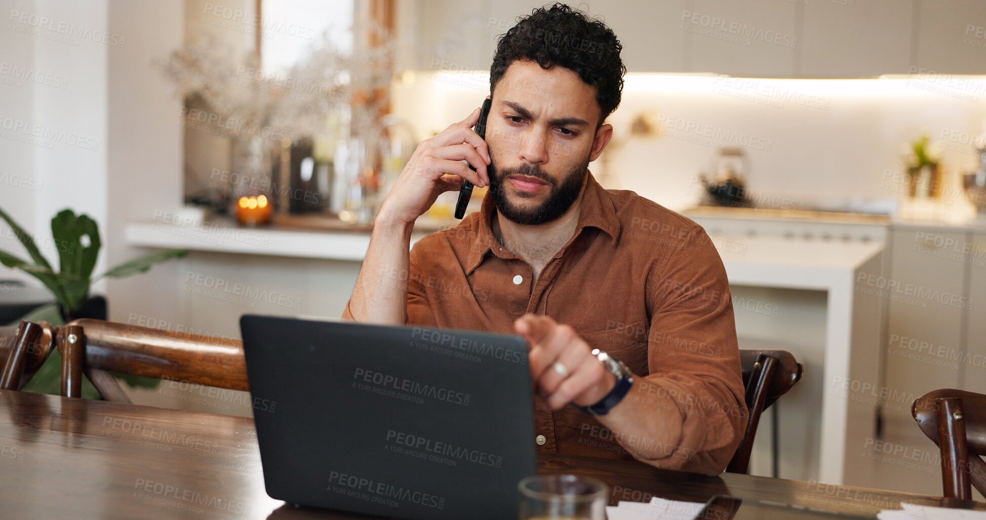 Buy stock photo Finance, man and phone call with laptop in home for online consultation, loan invoice query or confused. Doubt, person or speaking to agent for statement update, financial planning or account payment