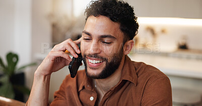 Buy stock photo Man, contact and happy with phone call in home for online consulting, communication or mobile chat. Smile, person and speaking in house for delivery update, package order or parcel tracking at night