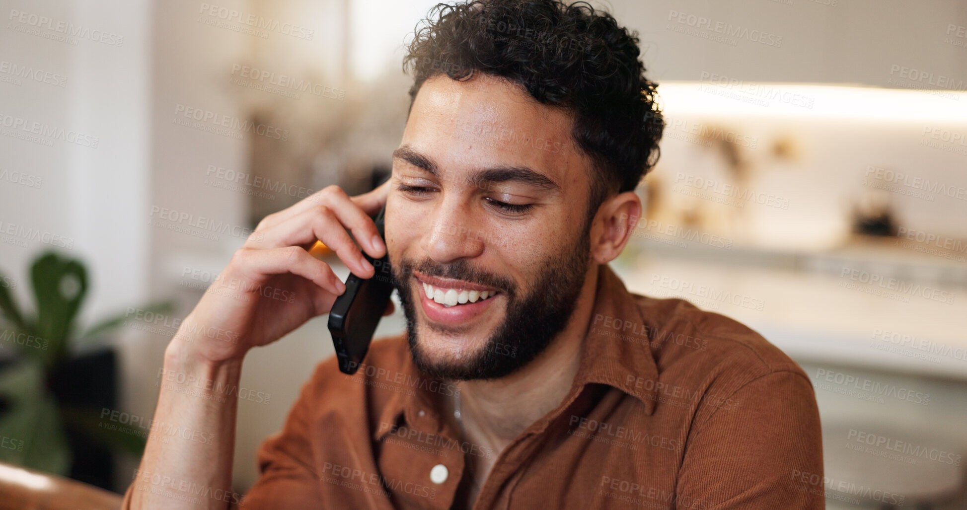 Buy stock photo Man, contact and happy with phone call in home for online consulting, communication or mobile chat. Smile, person and speaking in house for delivery update, package order or parcel tracking at night