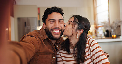 Buy stock photo Couple, selfie and happy in home embrace, photography and capture memory in relationship. Partner, romance and social media update on commitment, bonding and post moment of affection in marriage