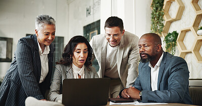 Buy stock photo Business people, laptop and meeting with discussion for corporate project, finance or planning at office. Group, team or employees with computer for company campaign or collaboration at workplace