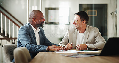 Buy stock photo Laughing, men and discussion for teamwork, office and smile for expansion of business or corporate. Happy, colleagues and people with laptop for meeting, talking and account manager for collaboration