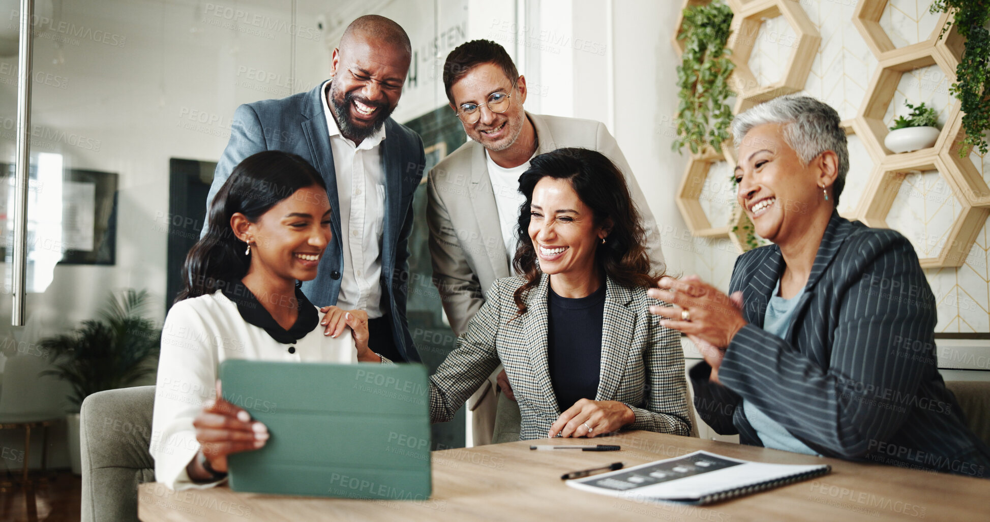Buy stock photo Business people, applause and presentation with tablet, budget and financial advisor for customer portfolio. Celebration, accountant or agent meeting for consultation advice with support in team