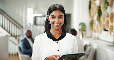 Buy stock photo Business woman, financial report and portrait with tablet, digital budget and advice for customer portfolio. People, accountant or agent meeting with project consultation, review or audit assistance