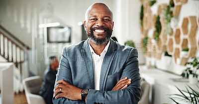 Buy stock photo Portrait, manager and happy businessman with confident sustainability specialist or leader. Boss, arms crossed and corporate professional with pride, eco consultant or environmental advisor in office