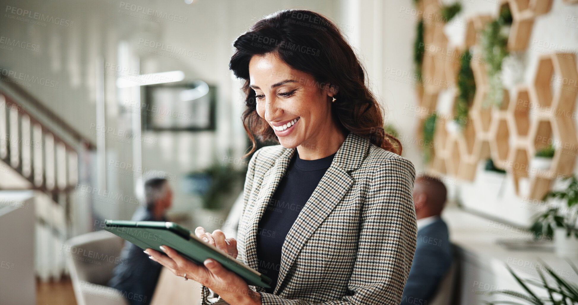 Buy stock photo Business woman, financial research and smile with tablet, digital budget and advice for customer portfolio. Thinking, accountant or agent meeting with project consultation, review or audit assistance