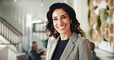 Buy stock photo Portrait, manager and happy business woman in office as sustainability specialist. Boss, leadership and professional worker in enterprise, eco consultant and environmental policy advisor coworking