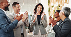 Happy, business people and meeting with applause for success, congratulations or promotion at office. Excited, group or employees clapping with smile for teamwork, winning or good news at workplace