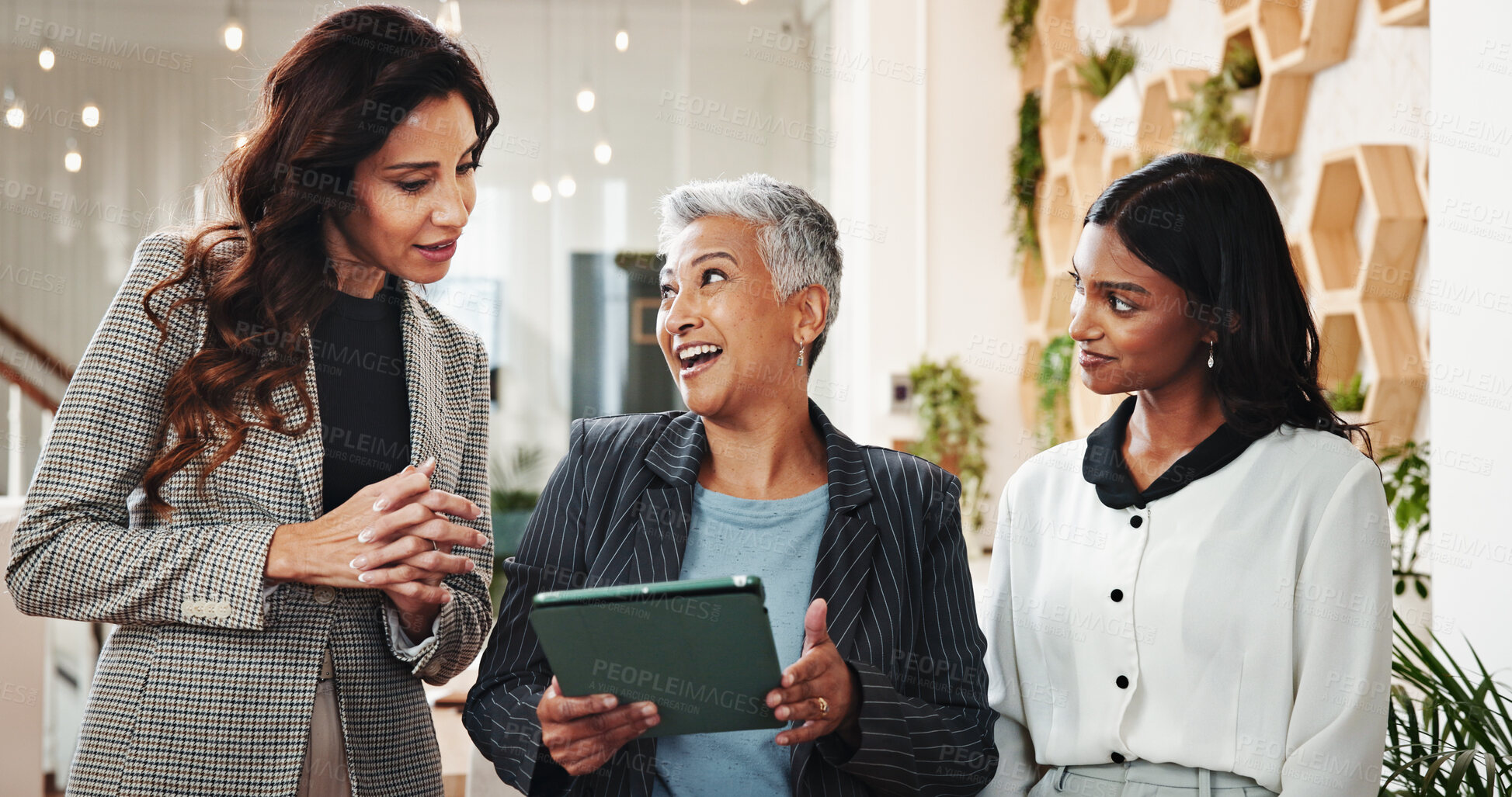 Buy stock photo Business, people and talking with tablet for communication, planning event and schedule update. Women, discussion and digital with online reservation, brainstorming and venue information for proposal