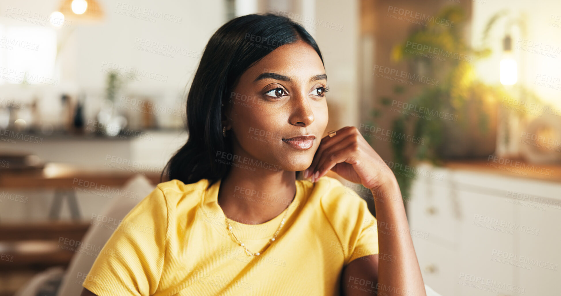 Buy stock photo Thinking, woman and relax on sofa at house for weekend, comfortable and calm morning in lounge. Girl, student and resting ideas for self care, stress relief and university break with peace reflection