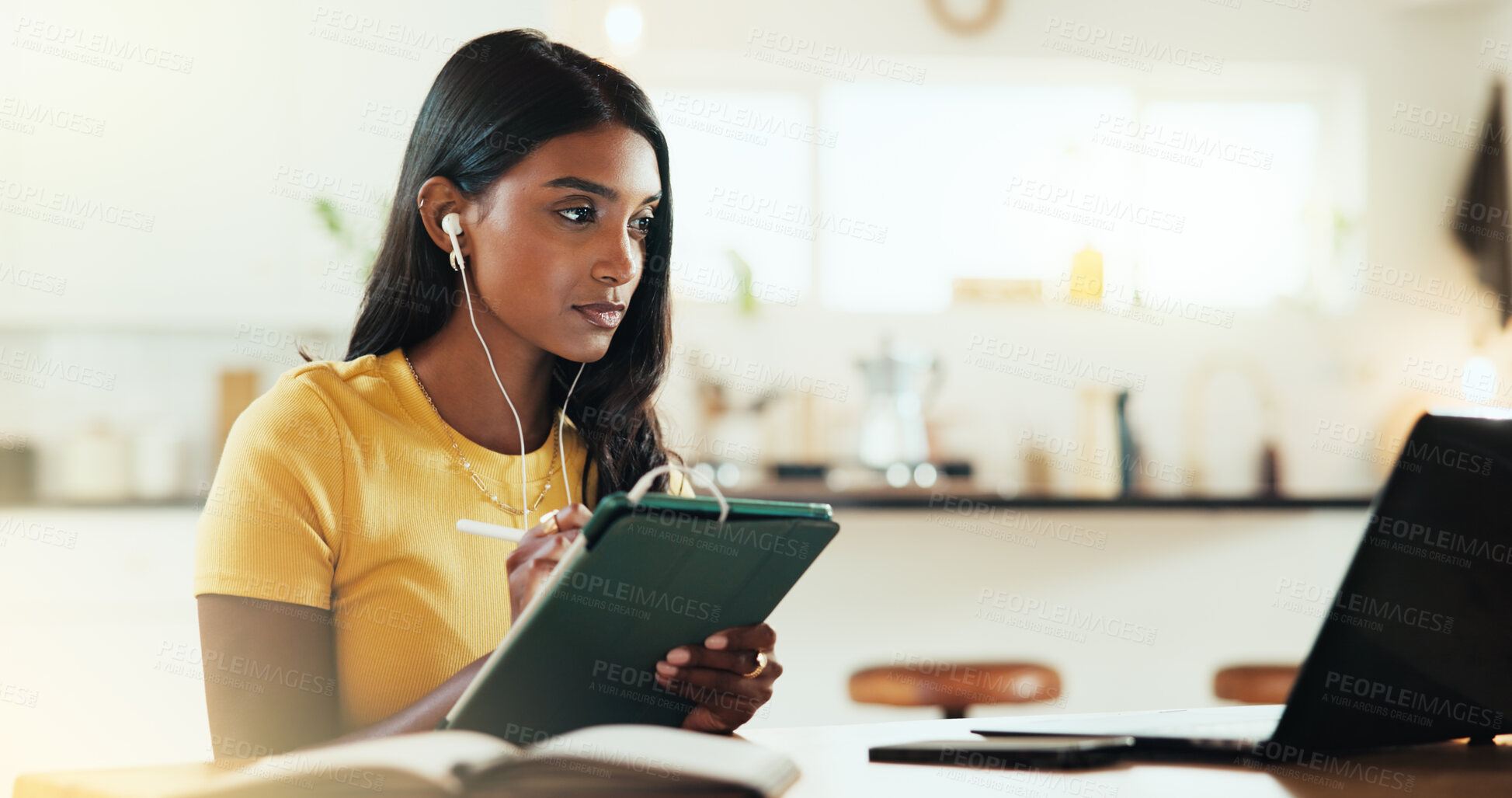 Buy stock photo Thinking, student and woman with laptop, tablet and typing with education, internet and research for project. Person, home and girl with technology, connection and studying for exams and elearning