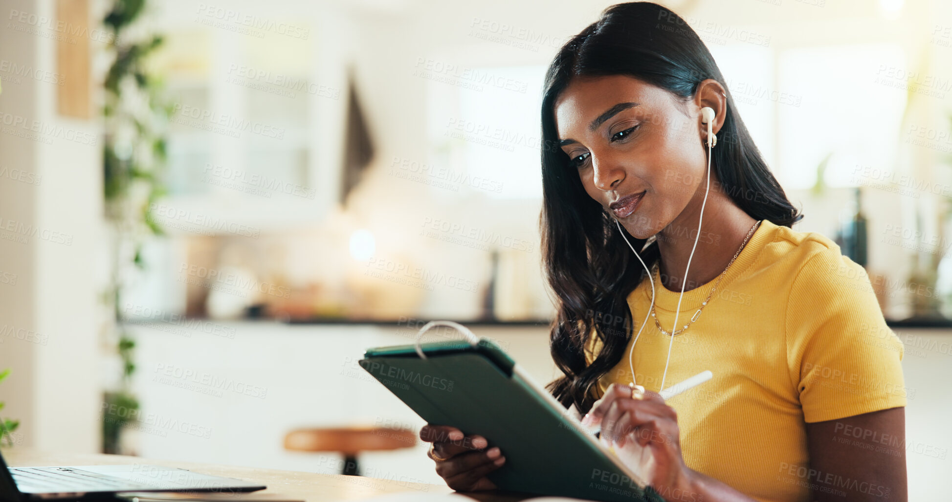 Buy stock photo Tablet, stylus and freelancer with woman at home for virtual coaching, membership or subscription service. Digital product, remote work and online course with person with earphones for small business
