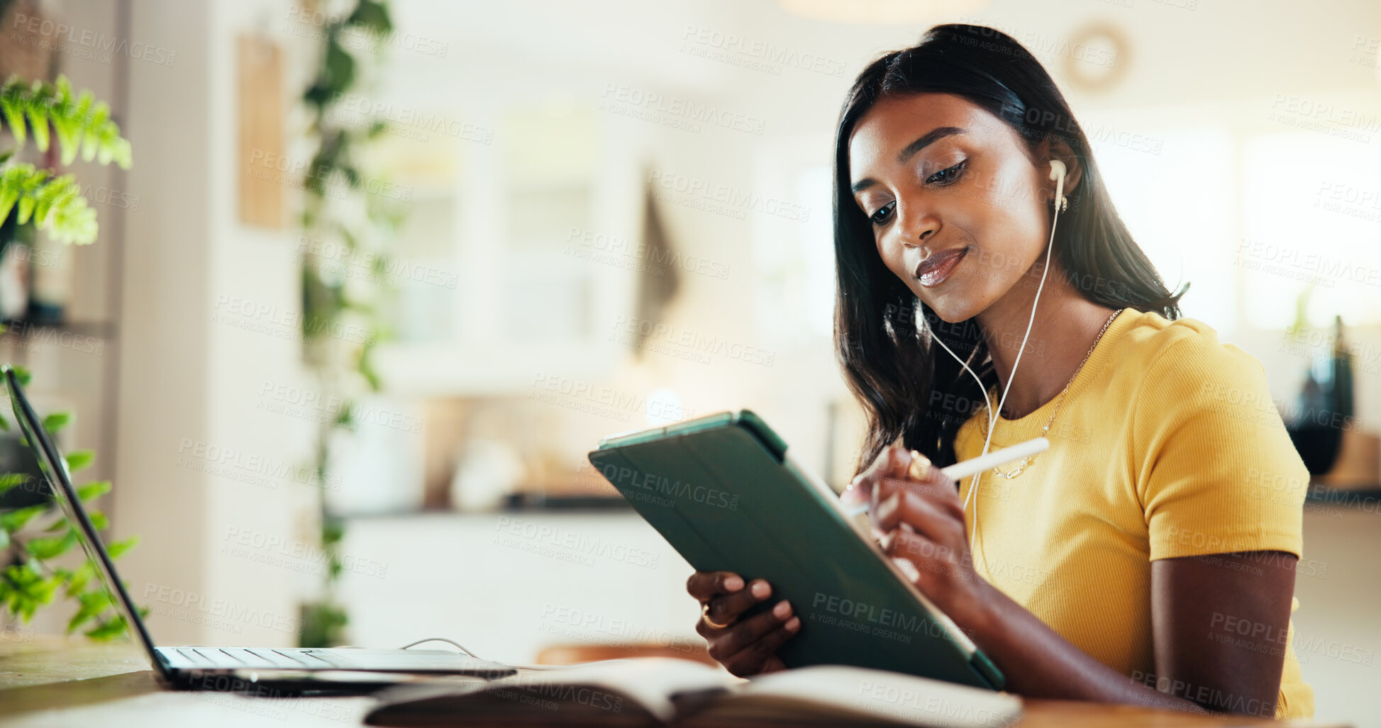 Buy stock photo Earphones, student and woman with tablet, home and internet with education, knowledge or productivity. Person, laptop or girl with tech, connection and studying for exams, app or research for project