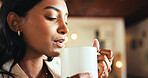 Coffee, peace and woman in home with morning wellness for relax, calm and memory in living room. Aroma, caffeine and female person smelling cappuccino or latte scent for mindfulness in apartment.