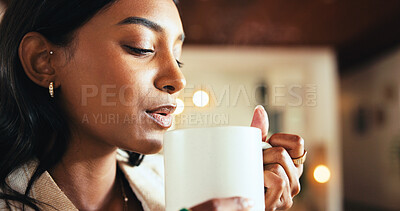Buy stock photo Coffee, peace and woman in home with morning wellness for relax, calm and memory in living room. Aroma, caffeine and female person smelling cappuccino or latte scent for mindfulness in apartment.
