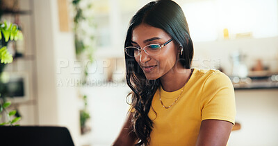 Buy stock photo Remote work from home, thinking and woman with pc, ideas and online reading for email. Person, solution and freelancer with laptop, listening to music and problem solving with research for project