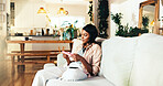 Woman, living room and cleaning with nail file for manicure, smooth edges and shape tool. Home, lounge and person relax on sofa with hygiene, wellness and aesthetic grooming with cosmetic process