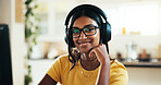 Happy woman, portrait and headphones with music on computer for listening or remote work at home. Face, female person or freelancer with smile or glasses for audio streaming or sound quality at house