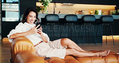 Buy stock photo Modern house, phone or happy woman on couch laughing at funny video, social media app or humor. Relax, comfortable or mature person with smile, good news or silly meme joke for mobile entertainment