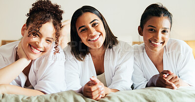 Buy stock photo Portrait, friends and happy girls at sleepover, relax or bonding in bedroom. Bed, women and together in luxury hotel for vacation, holiday or resting with comfort at slumber party for social hangout