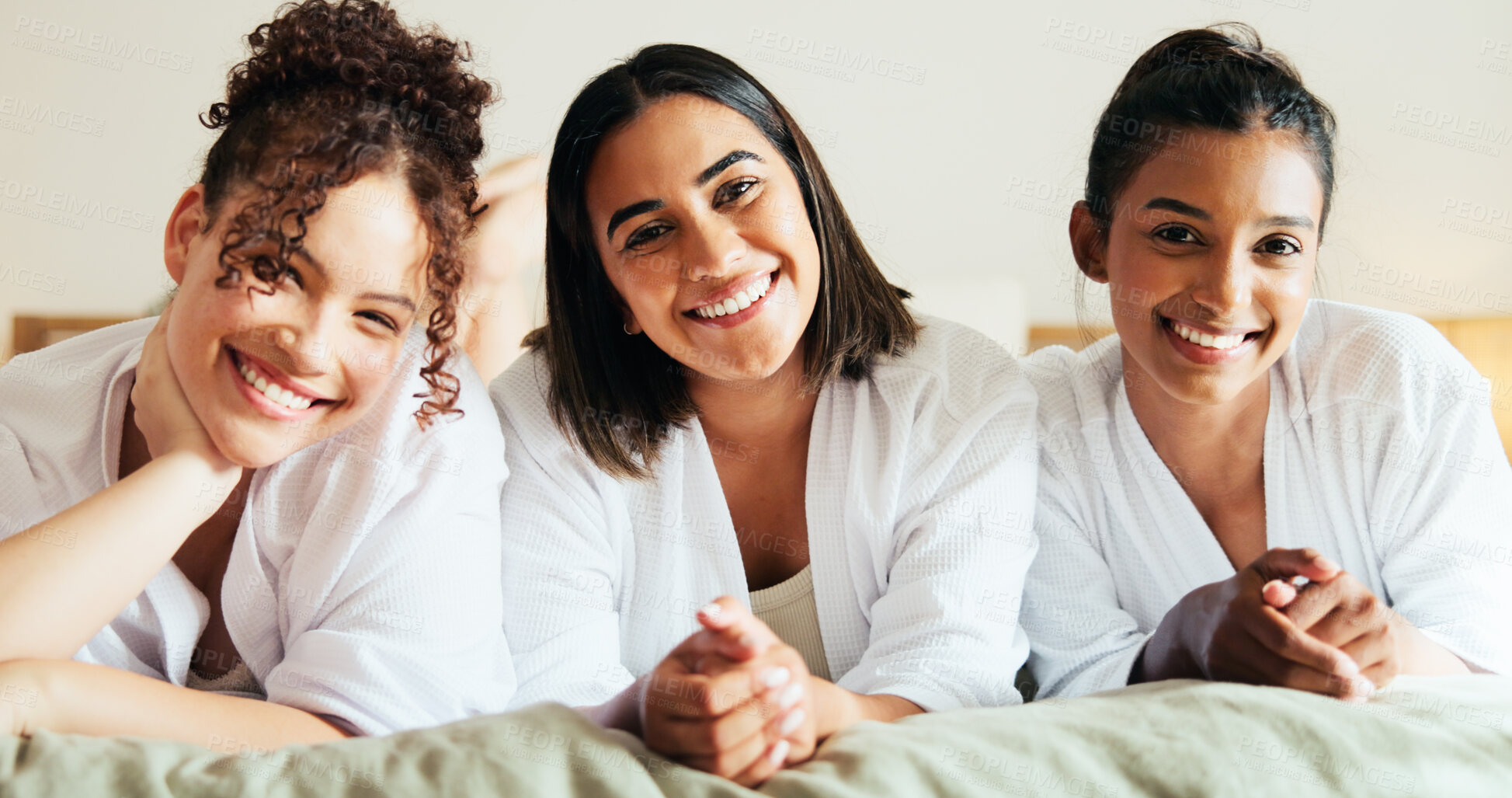 Buy stock photo Portrait, friends and happy girls at sleepover, relax or bonding in bedroom. Bed, women and together in luxury hotel for vacation, holiday or resting with comfort at slumber party for social hangout