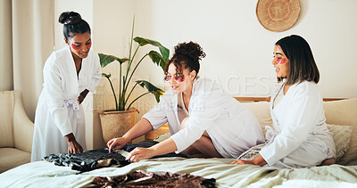 Buy stock photo Dress, getting ready and decision with women in bedroom for friends, skincare and helping. Night out, cosmetics treatment and hotel resort with people for self care, luxury and wardrobe choice