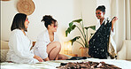 Dress, eye patch and help and friends in bedroom for getting ready, spa day and celebration. Night out, cosmetics treatment and hotel resort with women for self care, luxury and wardrobe choice