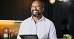 Kitchen, tablet and vision with mature black man in home as retired chef to search for online recipe. Idea, planning and thinking with happy person in apartment for cooking, ingredients list or menu