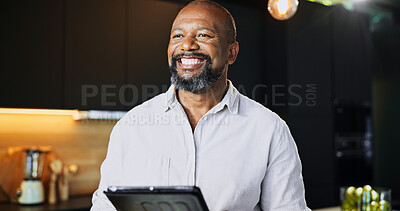 Buy stock photo Idea, kitchen and tablet with black man in home as realtor to search for interior design inspiration. Planning, thinking and vision with happy mature person in apartment for property or real estate