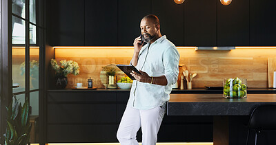 Buy stock photo Black man, talk and phone call on tablet at house for communication, schedule update and feedback. Mature person, mobile and discussion of online negotiation, investment deal and proposal information