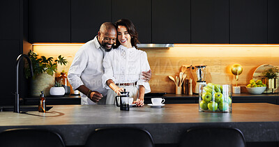 Buy stock photo Coffee, love and interracial couple with hug in kitchen, home and together for start of morning. Mature man, happy woman and smile with embrace in modern apartment for bonding, marriage and romance