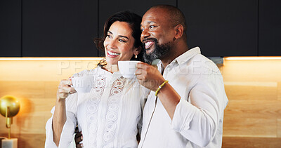 Buy stock photo Mature, couple and smile with coffee in kitchen for caffeine start, morning routine and bonding together. Interracial, people and warm beverage with laughing, funny discussion and commitment at house