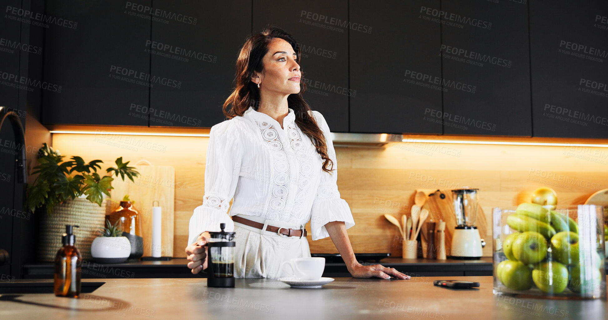 Buy stock photo Thinking, morning and woman in kitchen, coffee and start day with caffeine fix, latte and house. Person, decision and lady with mocha brew, cup and calm with peace, thoughtful or aroma with breakfast