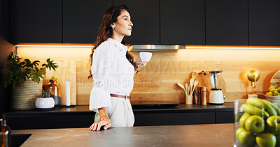 Buy stock photo Morning, confident and woman with coffee, kitchen and thinking for business in home, mug and serious. Contemplating, entrepreneur and person with tea cup for breakfast, thoughtful and apartment