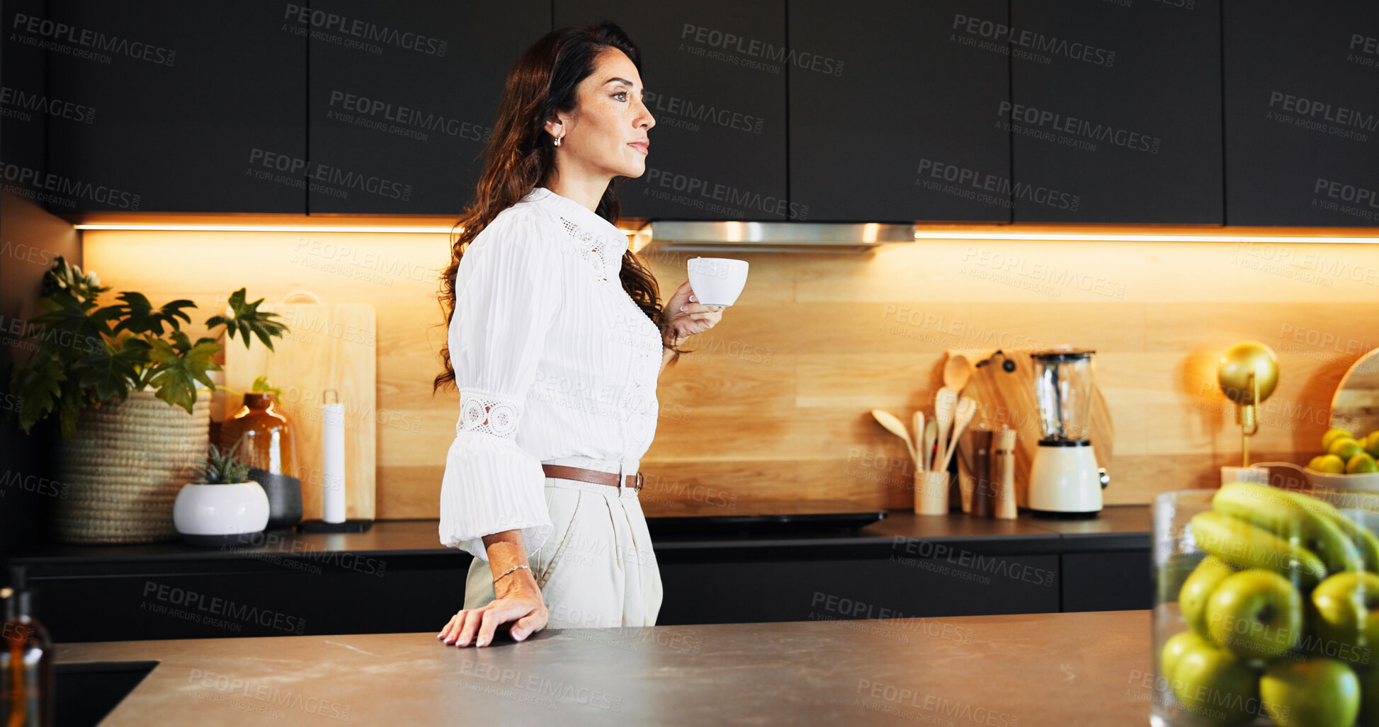 Buy stock photo Morning, confident and woman with coffee, kitchen and thinking for business in home, mug and serious. Contemplating, entrepreneur and person with tea cup for breakfast, thoughtful and apartment