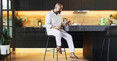 Buy stock photo Black man, relax and phone for remote work at house for communication, research and schedule update. Mature person, mobile and real estate with email, feedback and property negotiation for investment