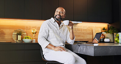 Buy stock photo Thinking, home and black man in kitchen, coffee and smile with laptop, ideas and problem solving. African person, apartment and entrepreneur with herbal tea, morning and daydreaming with solution