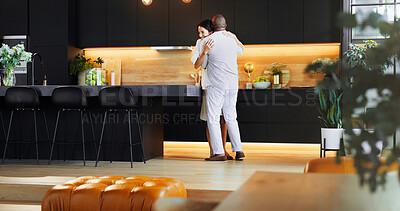 Buy stock photo Love, dance and hug with interracial couple in kitchen for bonding, connection and romance. Happiness, support and care with man and woman at home for commitment, marriage and valentines day