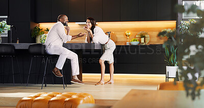 Buy stock photo Love, talking and smile with interracial couple in kitchen for bonding, connection and romance. Happiness, support and care with man and woman at home for commitment, marriage and valentines day