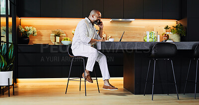 Buy stock photo Phone call, laptop and smile with black man in kitchen for travel itinerary, flight booking and vacation package. Passport application, consulting and airline review with person reading online