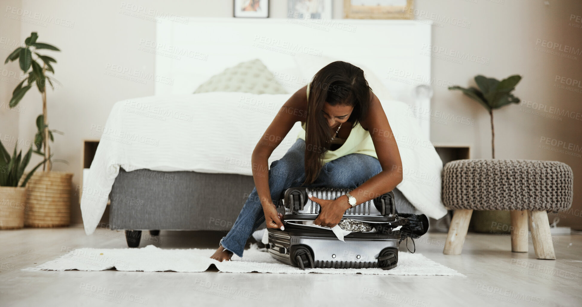 Buy stock photo Suitcase, travel and full with woman in bedroom for packing clothes, student exchange program and scholarship grant. Study abroad, luggage and bag with person at home for departure and opportunity